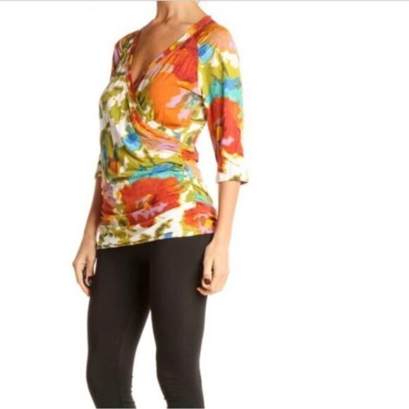 CAbi Surplice Watercolor Top Style 309 Ladies Size Medium Colorful V-Neck Ruche - Picture 1 of 5